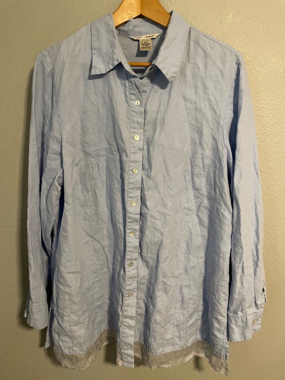 Vintage Edward Womens Top 2XL Blue Irish Linen Button Up Long Sleeve Lagenlook